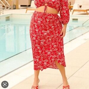 Eloquii Red Coral Print Wrap Midi Skirt‎ Size 16 NEW
